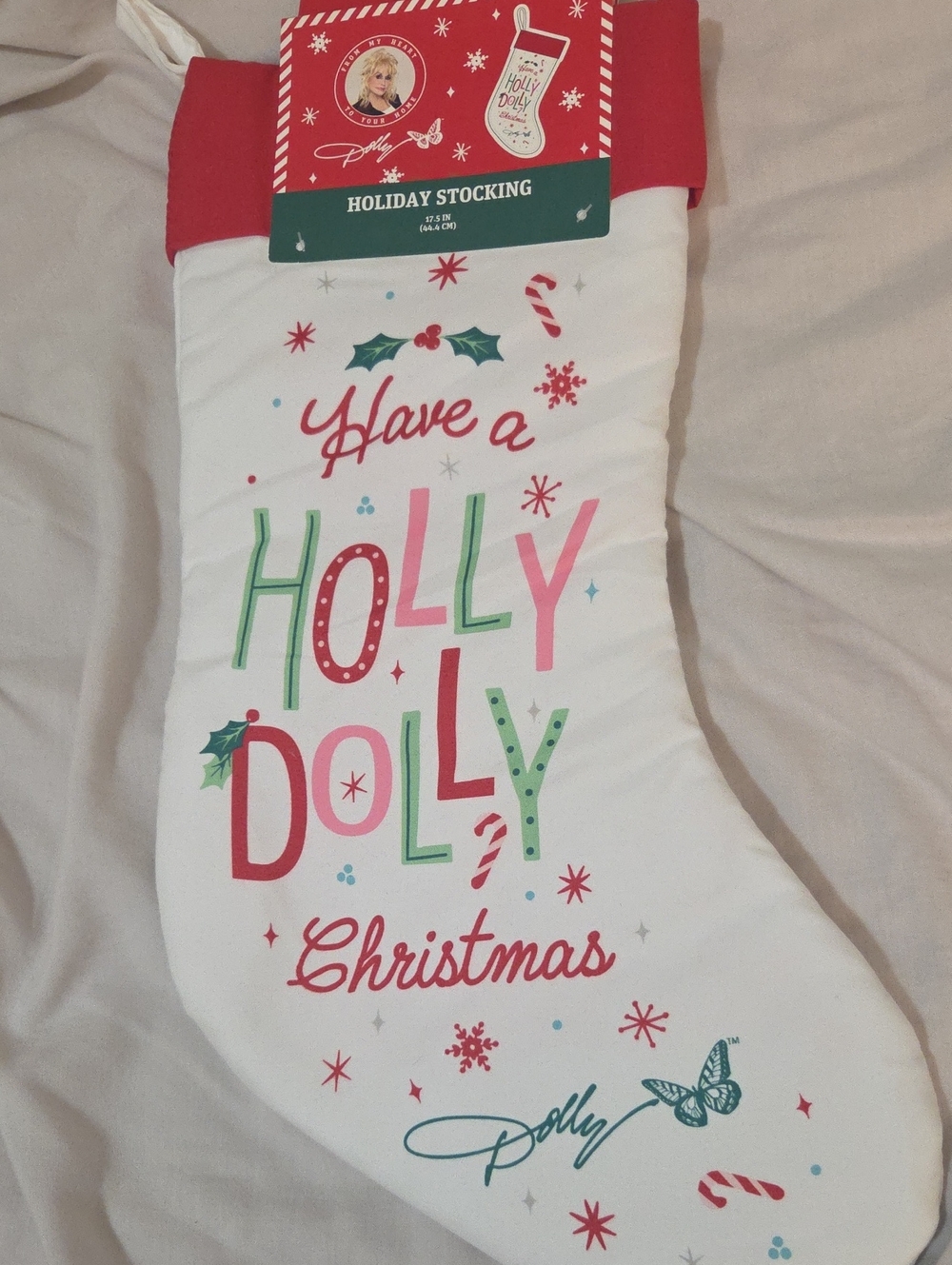 Dolly Parton NWT White Holiday Stocking with Red & Green Festive Lettering